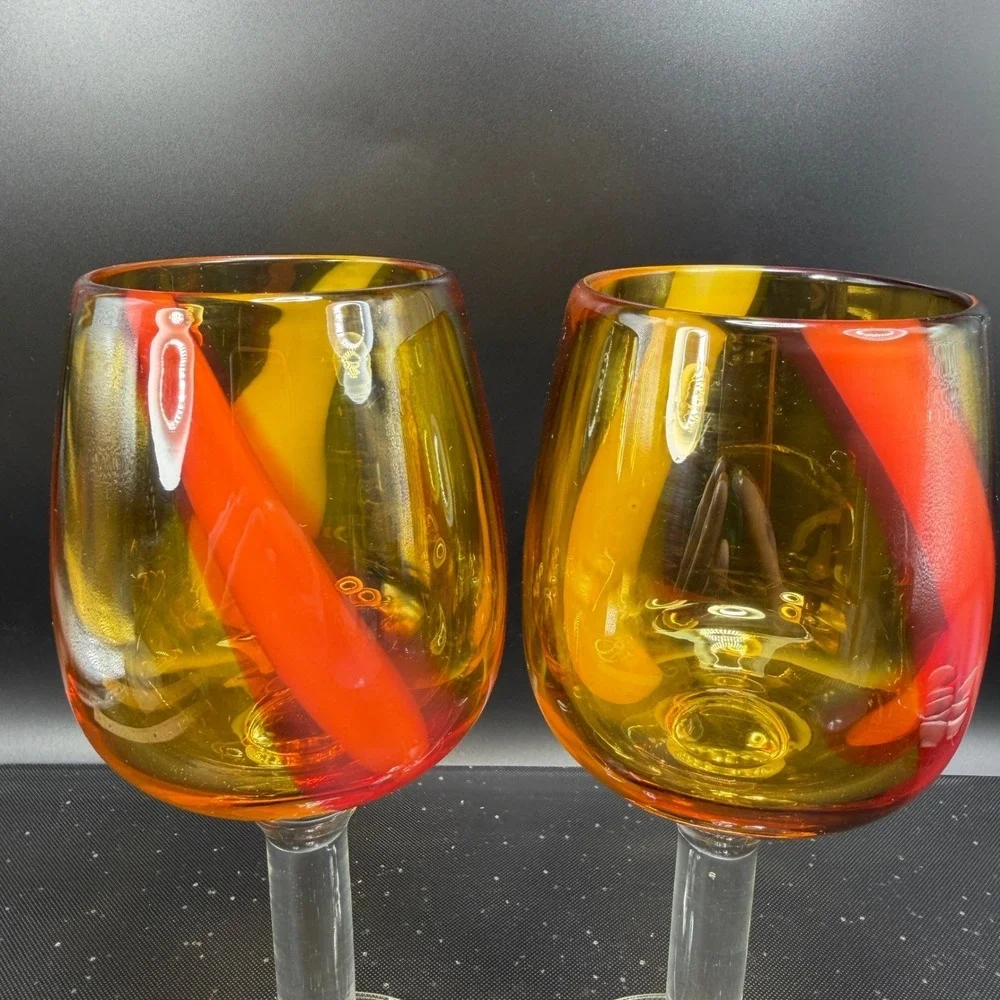 Pier 1 Hand Blown Art‎ Glass Cups Glasses Set of 2 Amber Red Yellow Swirl Stripe